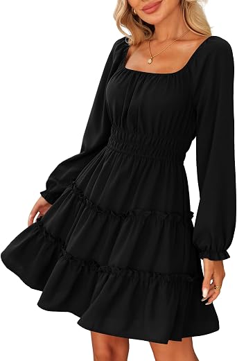Amoretu Womens Square Neck Long Sleeve Dress Tiered Ruffle A-Line Flowy Mini Dresses with Pockets