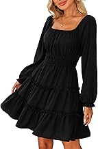Amoretu Women’s Square Neck Long Sleeve Dress Tiered Ruffle A-Line Flowy Mini Dresses with Pockets