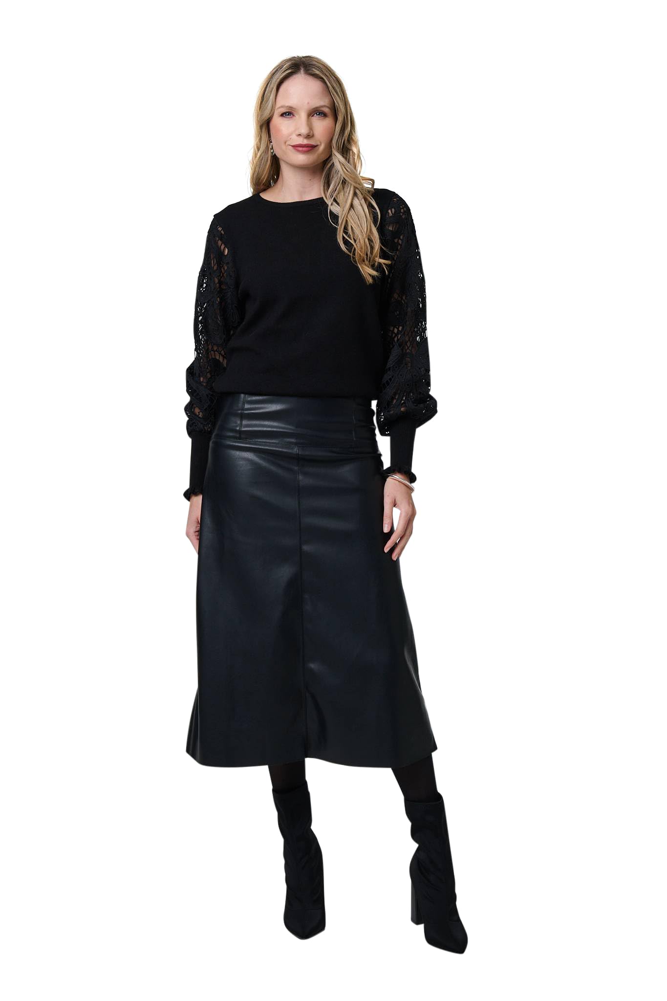 Izabel London Women's Black Faux Leather High Waist Midi Skirt In | Size: 16