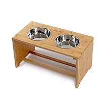 lionto Ciotole rialzate per Cani Postazione di alimentazione per Cani Portaciotole per Animali domestici in Bambù 2 Ciotole in acciaio inossidabile antiscivolo, (L) 50x26x26 cm