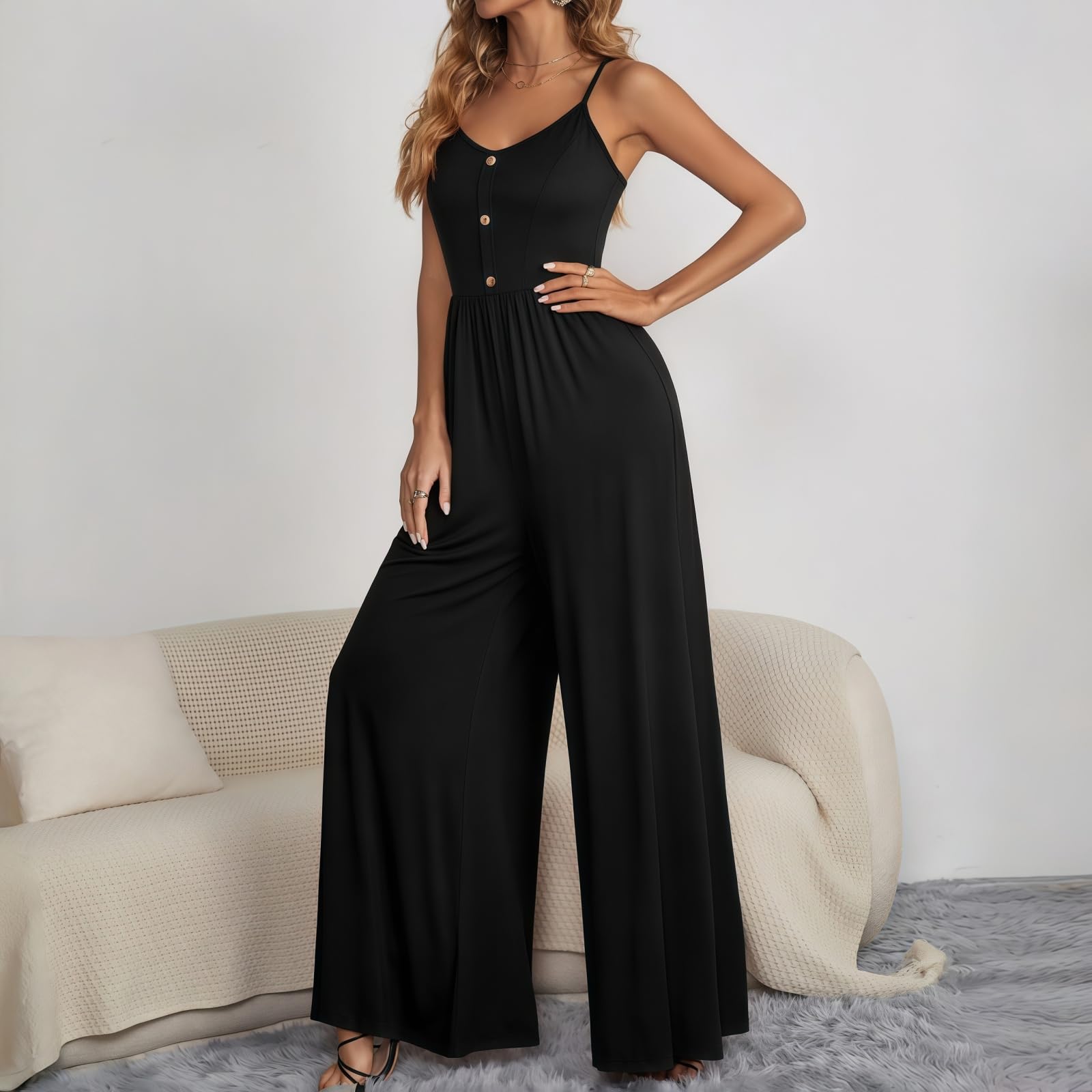 MANJIAMEI Tuta da donna senza maniche, a gamba larga, elegante tuta