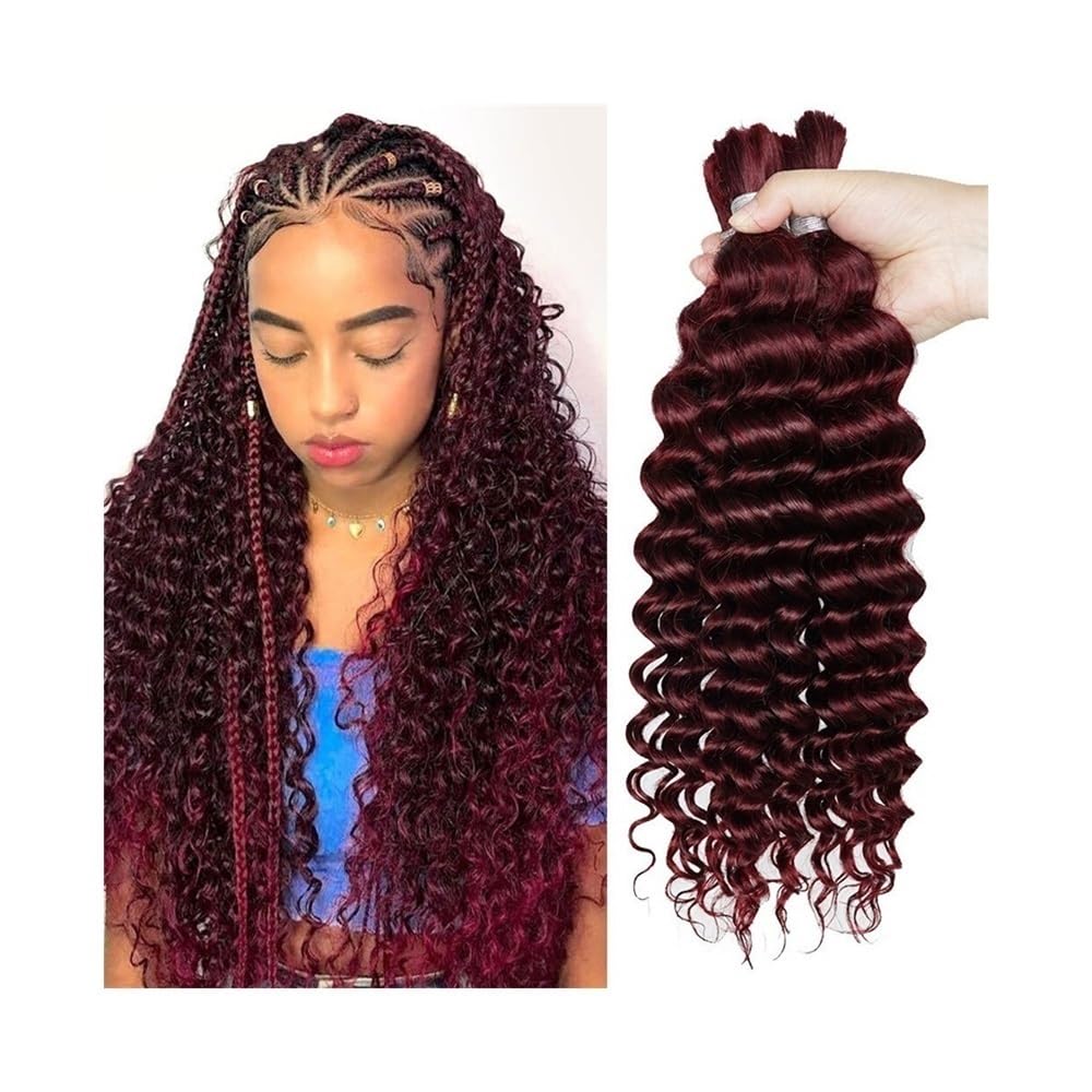 Trenza de Cabello, Extensiones de Cabello Humano Color Burdeos a Granel for trenzar, mechones de Cabello Peruano con Ondas Profundas, sin Trama(22inch)