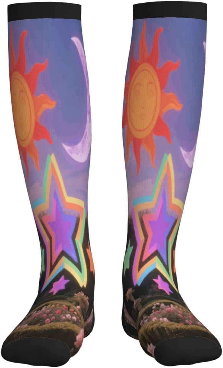 Vintage Sun Moon Stars Compression Socks For Women Men 15-20mmhg Graduated Support Circulation Knee High Socks For Nurses Athletic