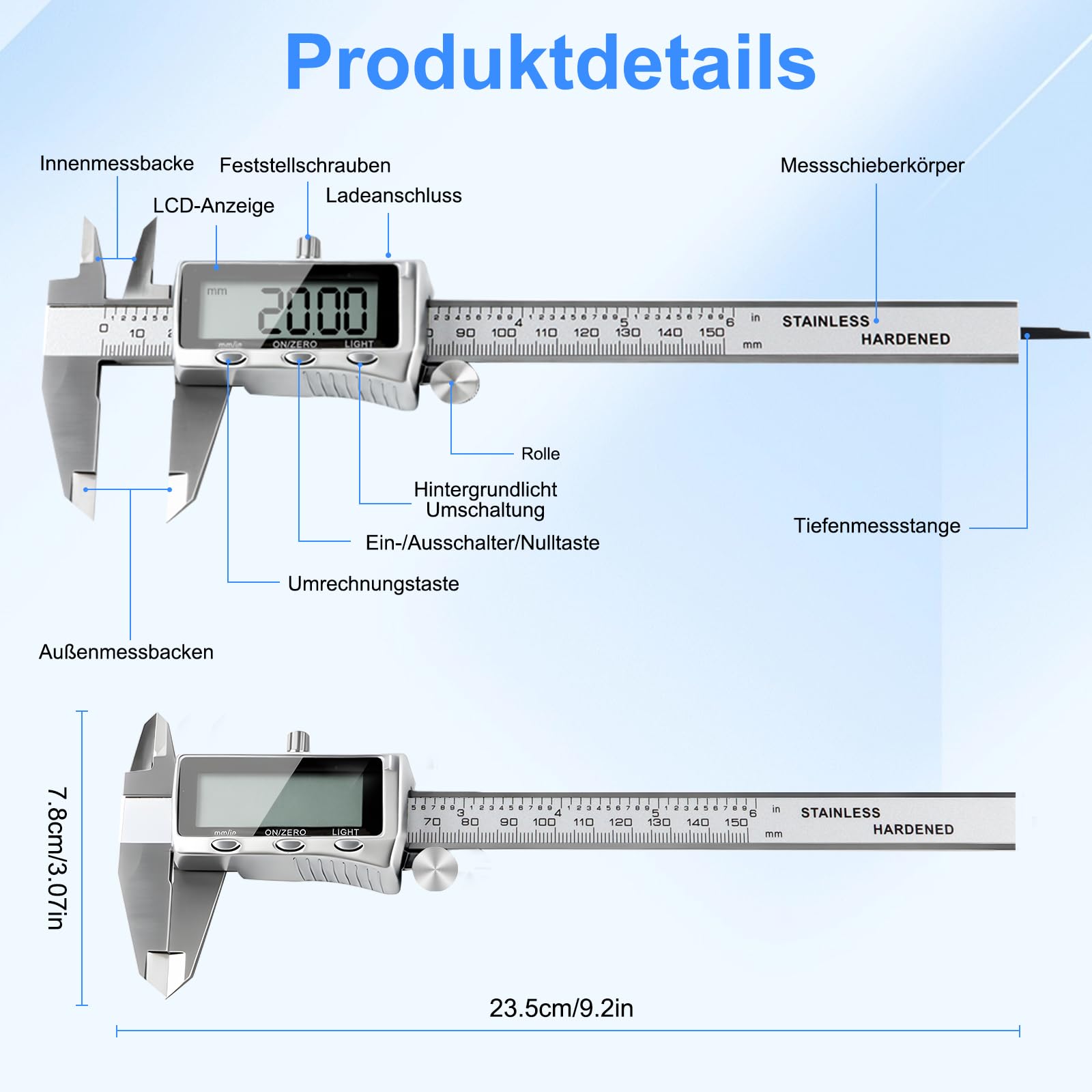 Digitaler Messschieber 150mm Edelstahl, USB-C Wiederaufladbar, IP54 Schutz, ±0,02 mm Präzision, Schieblehre mit Beleuchtetem LCD-Display, mm/Zoll