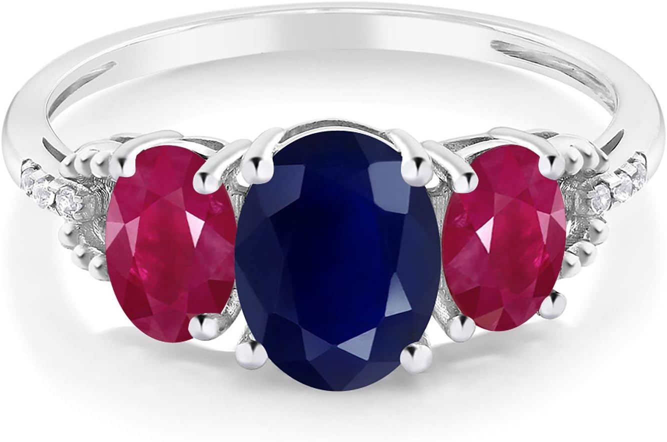 Gem Stone King 10K White Gold Oval 8X6MM Blue Sapphire 6X4MM Red Ruby and Diamond Accent 3-Stone Engagement Ring | 3.04 Cttw | 3 Stone Wedding Anniversary Promise Ring For Women - Image 2