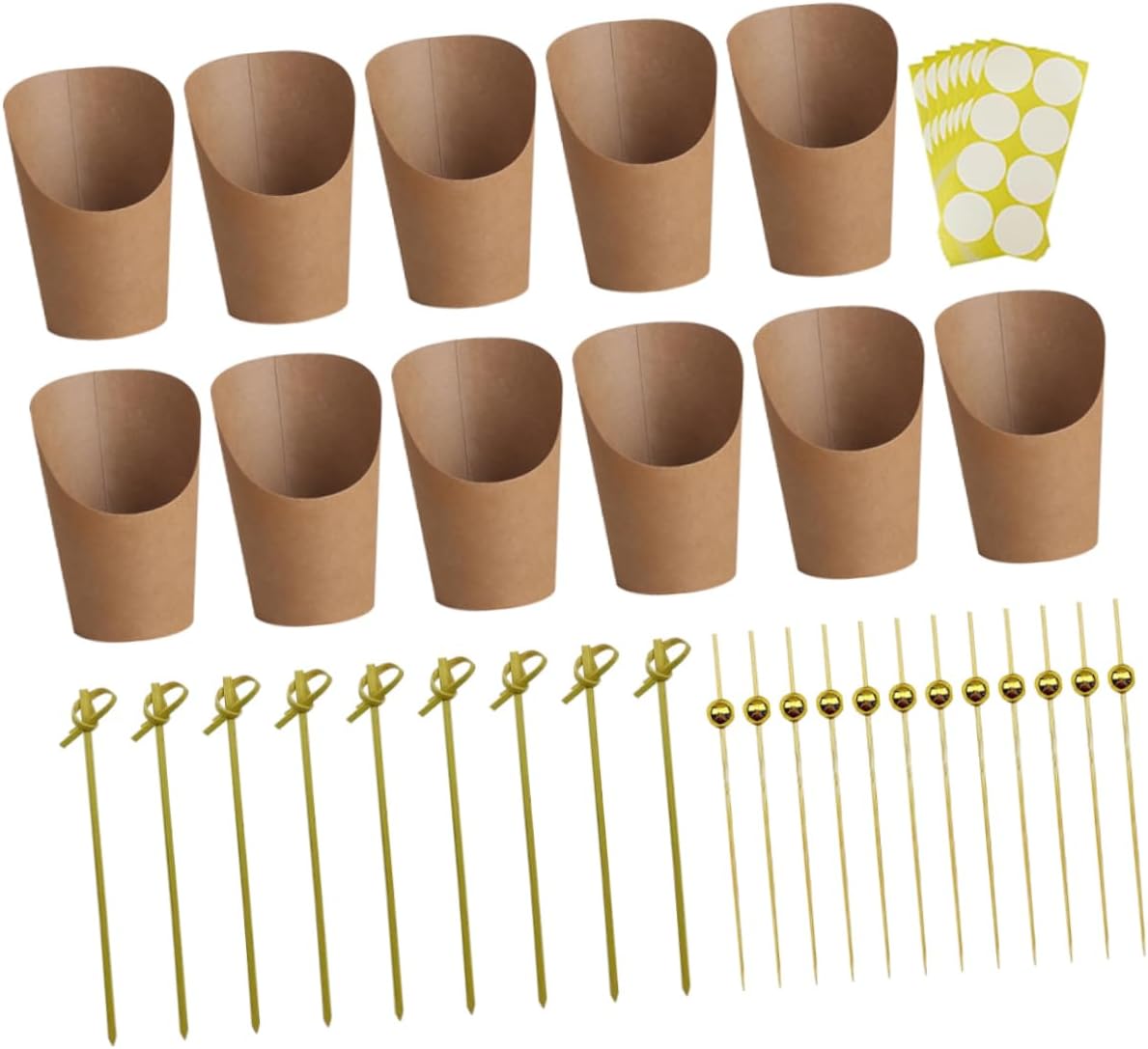 1set Kraft Paper Dessert Cups for French Fries Charcuterie and Popcorn Includes Cocktail Picks and Stickers Portable Snack Holder for Parties and Events