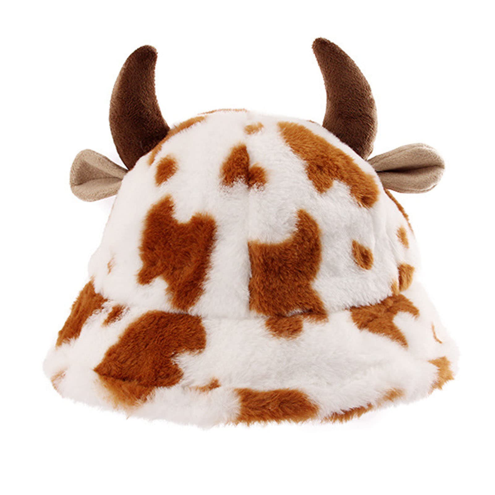 JELLYEAUnisex Fluffy Cow Bucket Hat with Horns Plush Bucket Hat for Women, Teens Winter Funny Fisherman's Hat