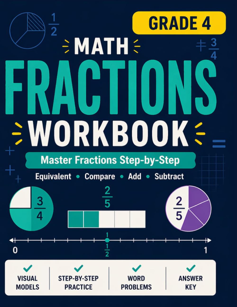 Grade 4 Fractions Workbook: Fractions Workbook Grade 4: Equivalent, Comparing, Adding & Subtracting Fractions with Visual Models, 600+ Practice Problems and Answer Key