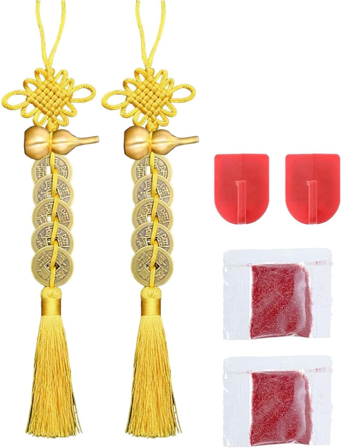 Feng Shui Good Luck Gifts Charms with Metal Gourd Coins and Red Chinese Knot Tassel,Chinese knot lucky charm,Five Emperor Coins Decor for Car Home Office Bag Furniture