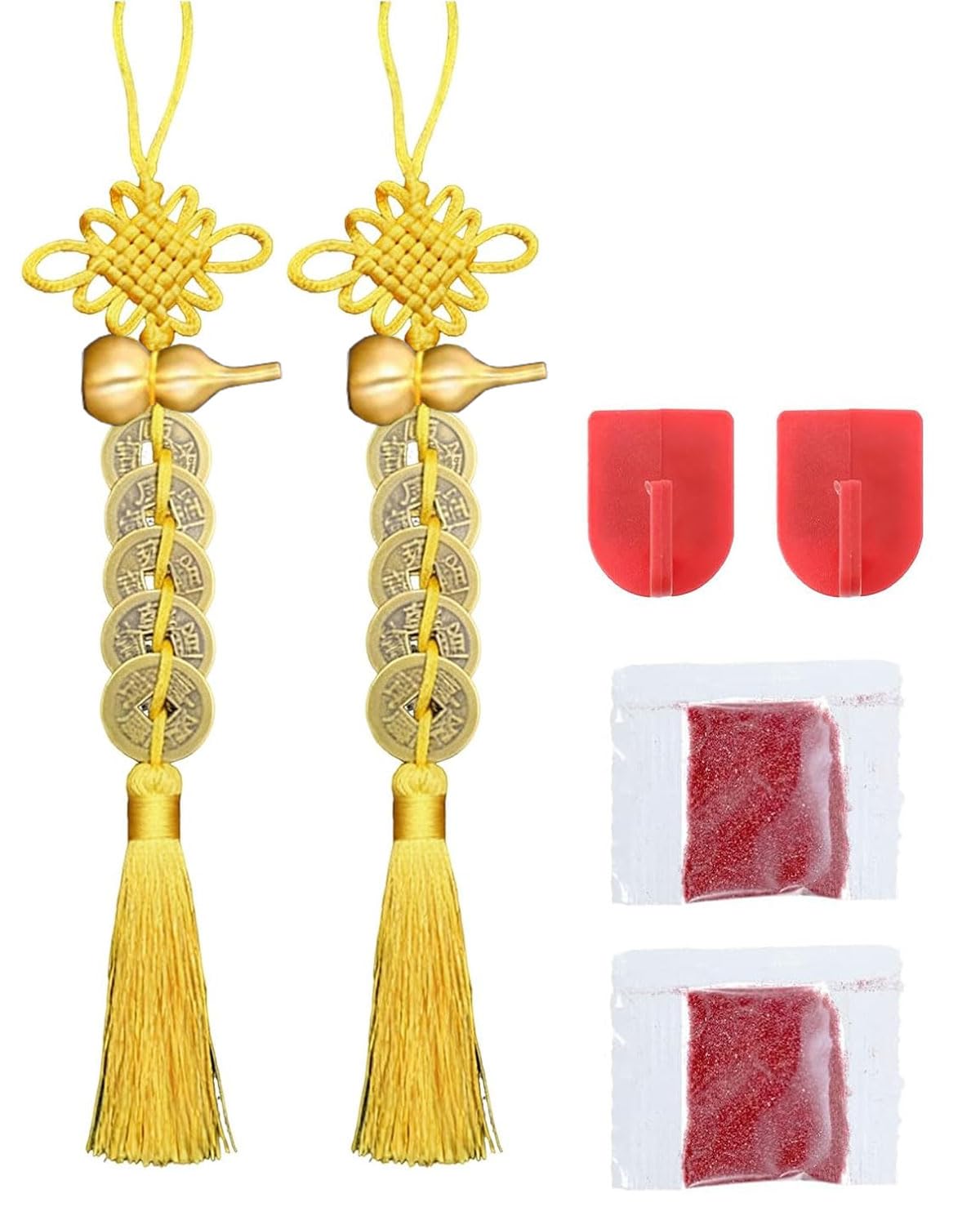 Feng Shui Good Luck Gifts Charms with Metal Gourd Coins and Red Chinese Knot Tassel,Chinese knot lucky charm,Five Emperor Coins Decor for Car Home Office Bag Furniture