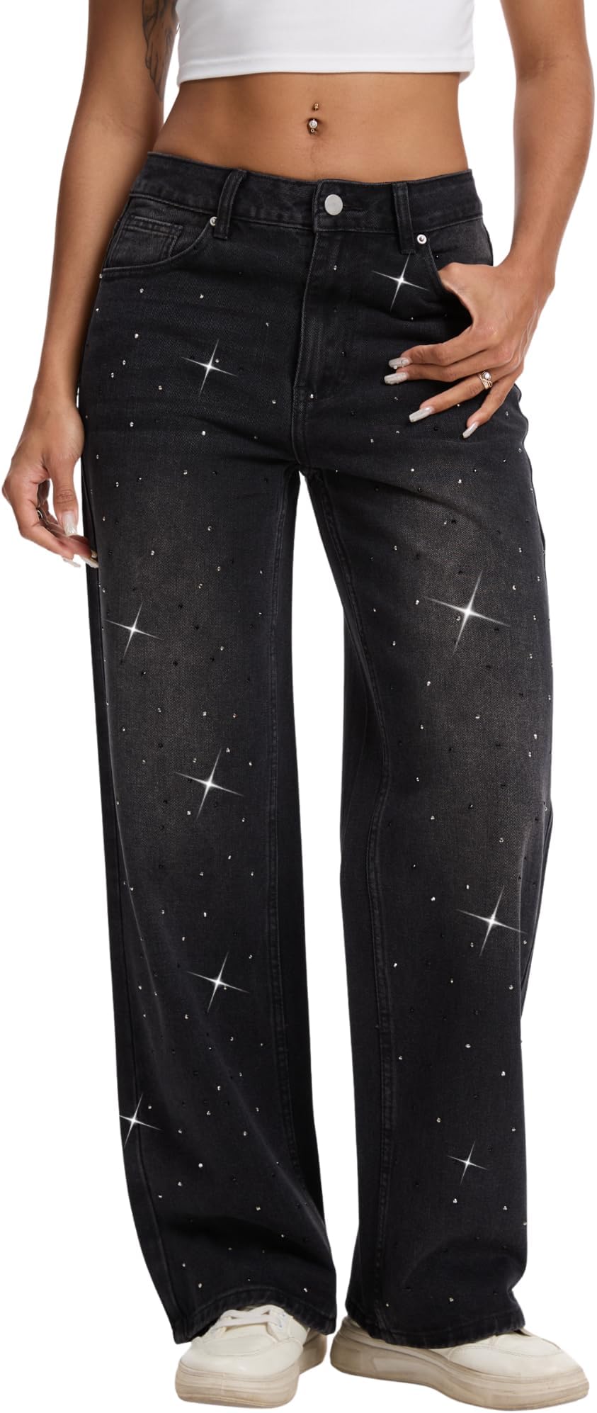 Womens Rhinestone Straight Wide Leg Jeans Vintage Wash Sparkling Baggy Denim Pants for Party Music Festival