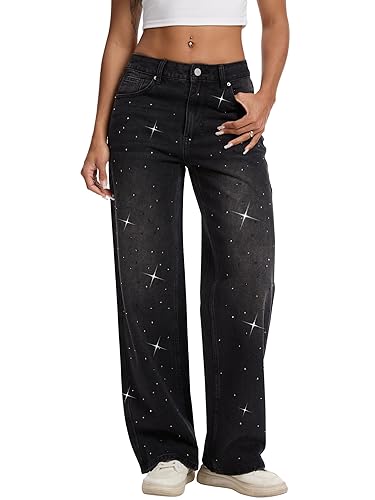 Womens Rhinestone Straight Wide Leg Jeans Vintage Wash Sparkling Baggy