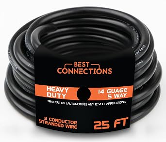 BEST CONNECTIONS 5 Way Trailer Wire Heavy Duty 14 Gauge 5 Conductor Insulated Cable Durable, Weatherproof, Color-Coded 5 Way Trailer Wiring Extension for RV Trailer and Automotive 25 Feet