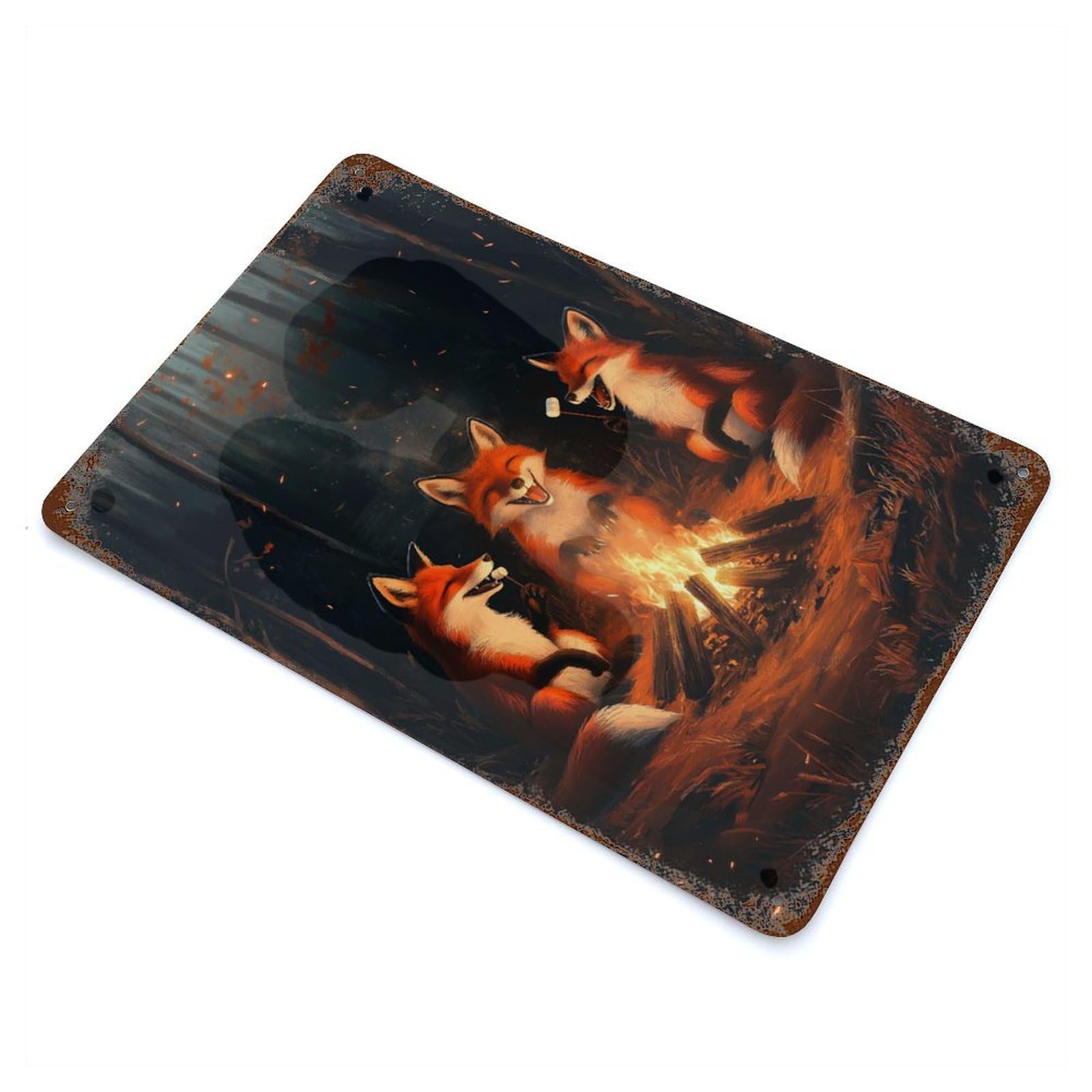 Laughing Foxes At Campfire Rusty Metal Tin Sign 11.8"x7.9", Ideal for Patio, Garden Room And Bar Decor
