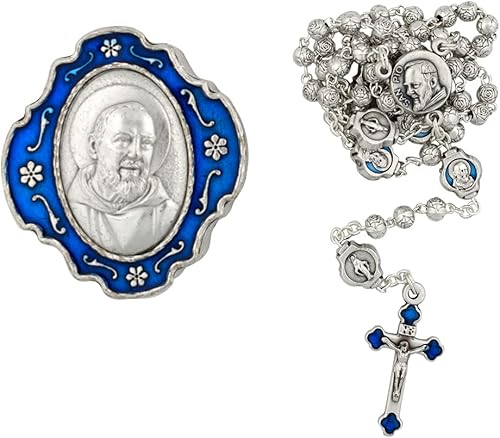 Rosario con caja de metal Padre Pio  Cuentas florales de granizo María en tono plateado con cuentas azules del Padre Pío Nuestro Padre  Gran regalo disponible en Yaxa Venezuela