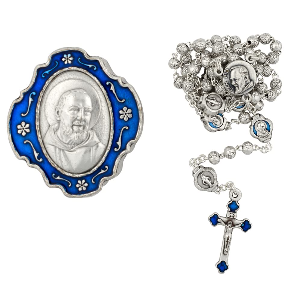 Rosary with Metal Padre Pio Case | Silver-Tone Floral Hail Mary Beads with Blue Padre Pio Our Father Beads | Great Catholic Gift | Patron Saint of