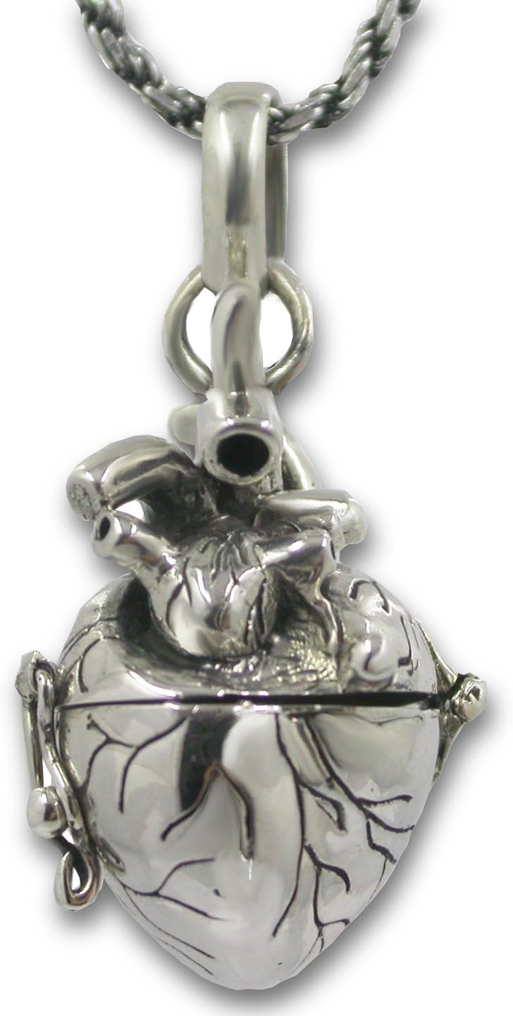 Pearlina Anatomical Heart Necklace Solid Sterling Silver 3d Antique Finish Message Note Holder or Pill Box Pendant Locket Opens