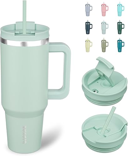 Miniatura 10 de BJPKPK Vaso de Acero Inoxidable de 30 oz con Asa, Vasos Térmicos Aislantes con 2 Pajitas, Taza de Café de Viaje con Tapa, Chicle Bubble gum,Verde