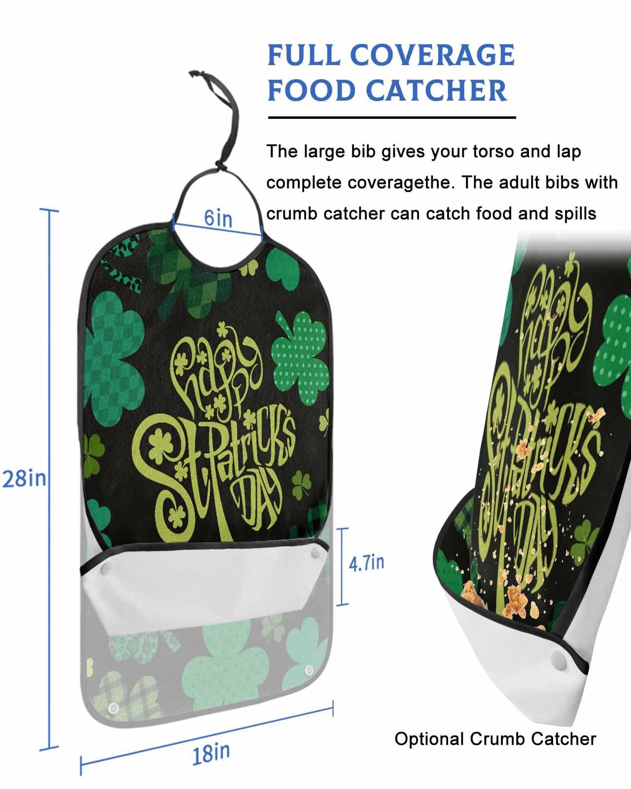 LEOKOTI St. Patrick's Day Adult Bibs for Eating, Waterproof Bibs with Food Catcher & Adjustable Snap Closure, Green Lucky Clovers Classic Black Washable Clothing Protectors Adult Bibs for Elderly