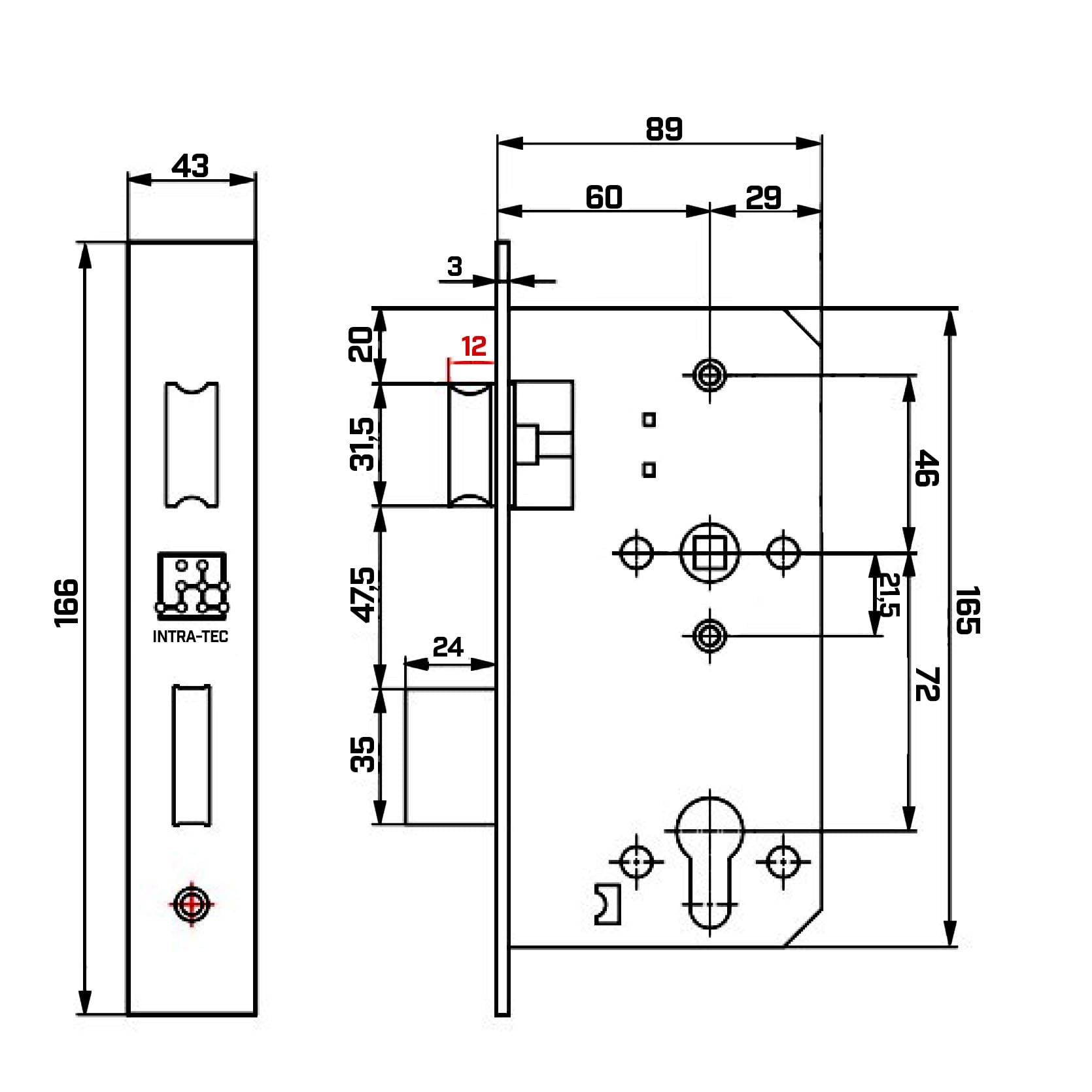 INTRA-TEC Ersatzschloss für Anschweißkästen – für 50er Rohr, Dorn 60 mm, Entfernung 72 mm, DIN L/R, Edelstahl-Stulpe 43 × 166 mm, PZ für Profilzylinder