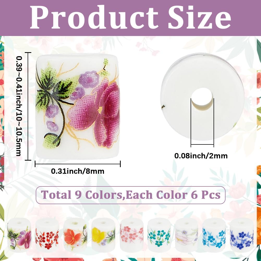 SUNNYCLUE 1 Box 54Pcs 9 Colors 8mm Ceramic Beads Flower Porcelain Beads Bulk Smooth Chinese Floral Printed Colorful Column Loose Spacers for Jewelry Making DIY Crafting Bracelets Necklace Supplies - Image 2