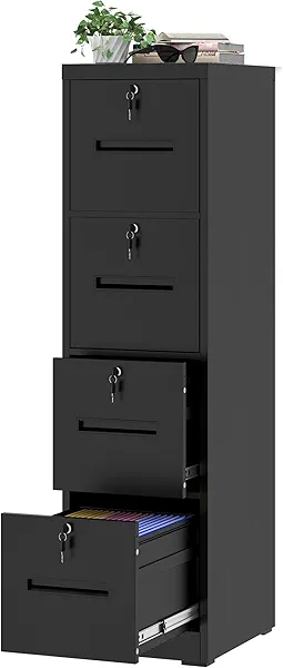 VIYET File Cabinet 4 Drawer with Lock, Vertical Filing Cabinets for Home Office, Metal Steel Storage Cabinet for Letter/Legal Size File, Assembly Required(Black)