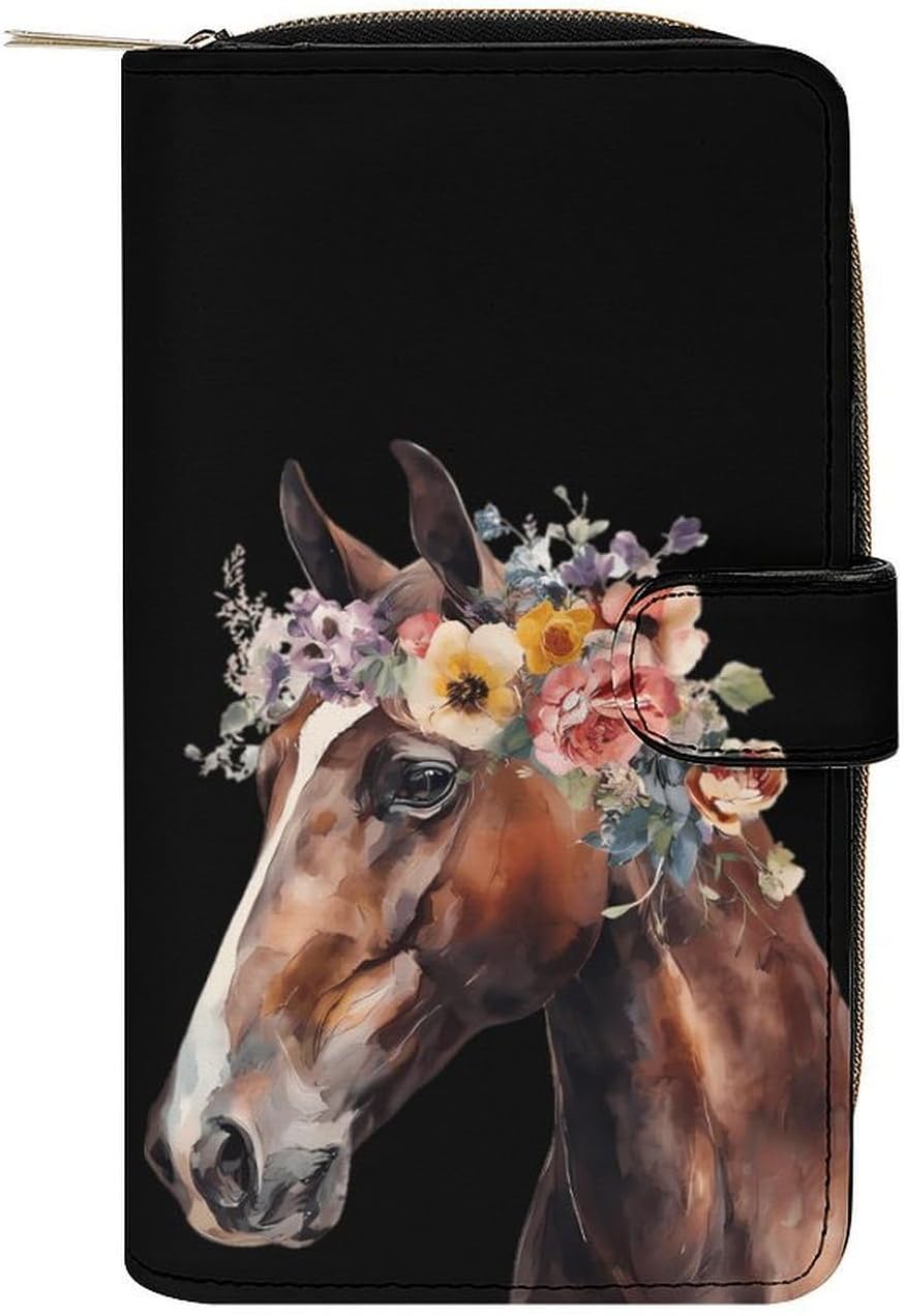 Horse Colorful Flowers Women's Long Wallets Leather Purse Fold Clutch Credit Card Holder