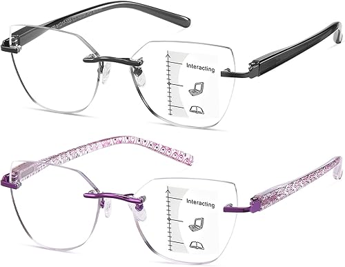 Kafirlo Gafas de lectura multifocales progresivas para mujer, ojo de gato, sin línea, multifoco, transición, luz azul, marco de metal