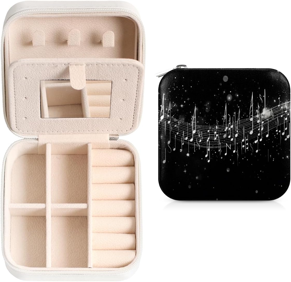 Black White Musical Note Pattern Portable Jewelry Organizer PU Leather Travel Jewelry Box with Mirror Compact Display Storage Case for Rings Earrings Necklaces Bracelets Pendants