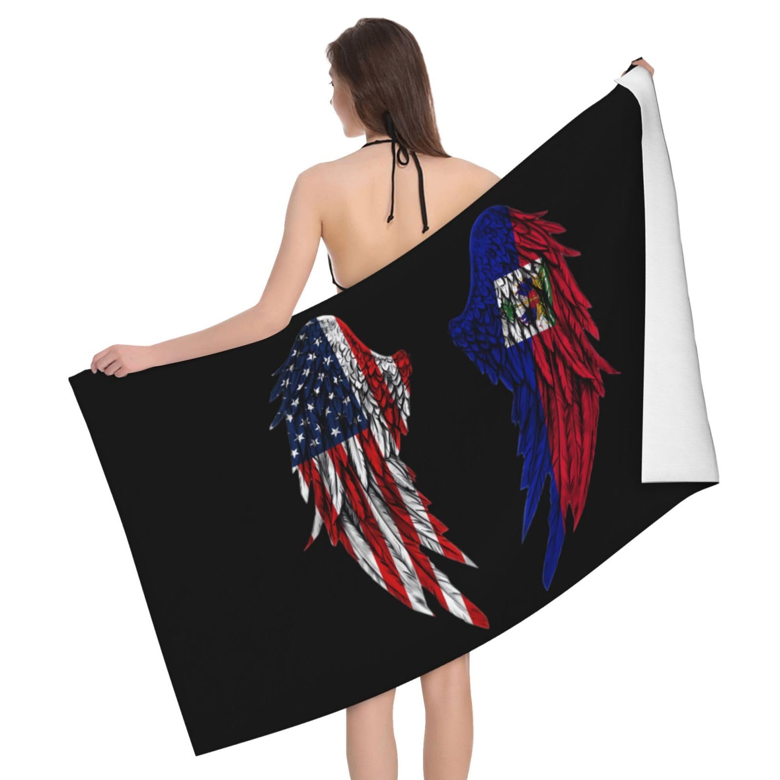 HLBSDM Microfiber Wings America and Haiti Flag Beach Towel Quick Dry Soft Sand Free Beach Towels for Pool Swim Beach Lightweight Thin Towels