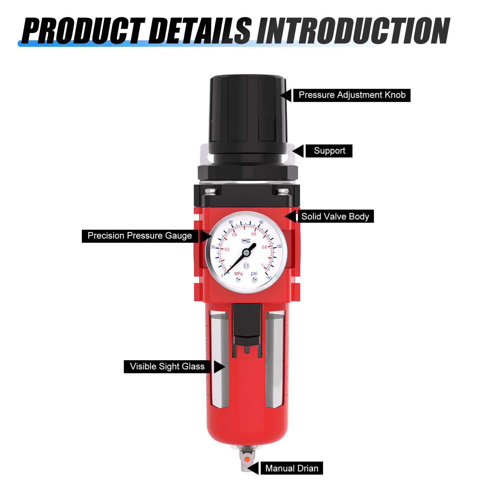 MEANLIN Filtre à humidité pour compresseur d'air, filtre de ligne d'air à drainage manuel AW3000-03, entrée NPT 3/8" avec jauge de 150 PSI et interrupteur d'arrêt de valve pour