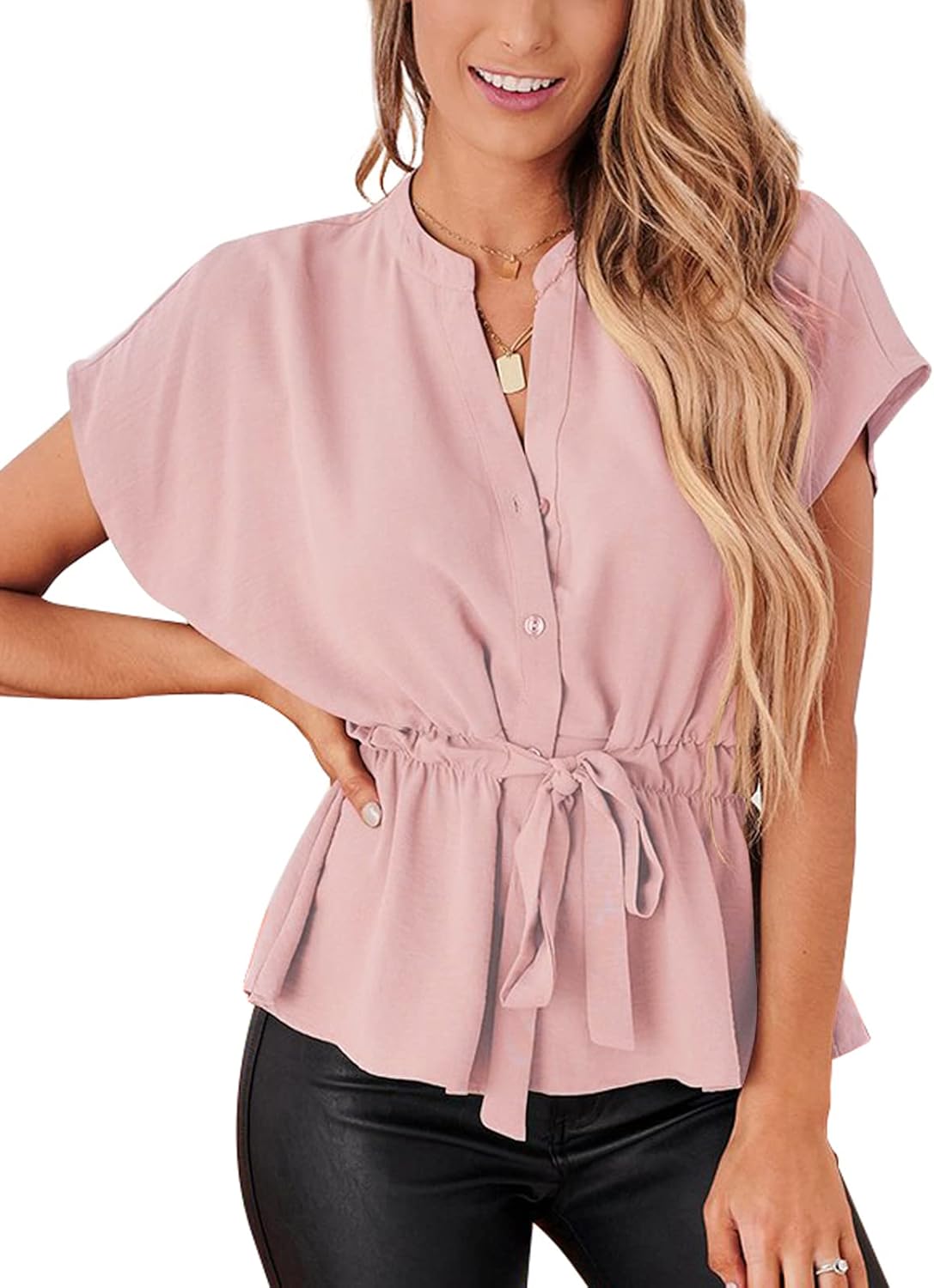 Womens Button Down Blouses Casual Peplum Summer Tops Dressy Chiffon Work Blouse Pink - Image 4
