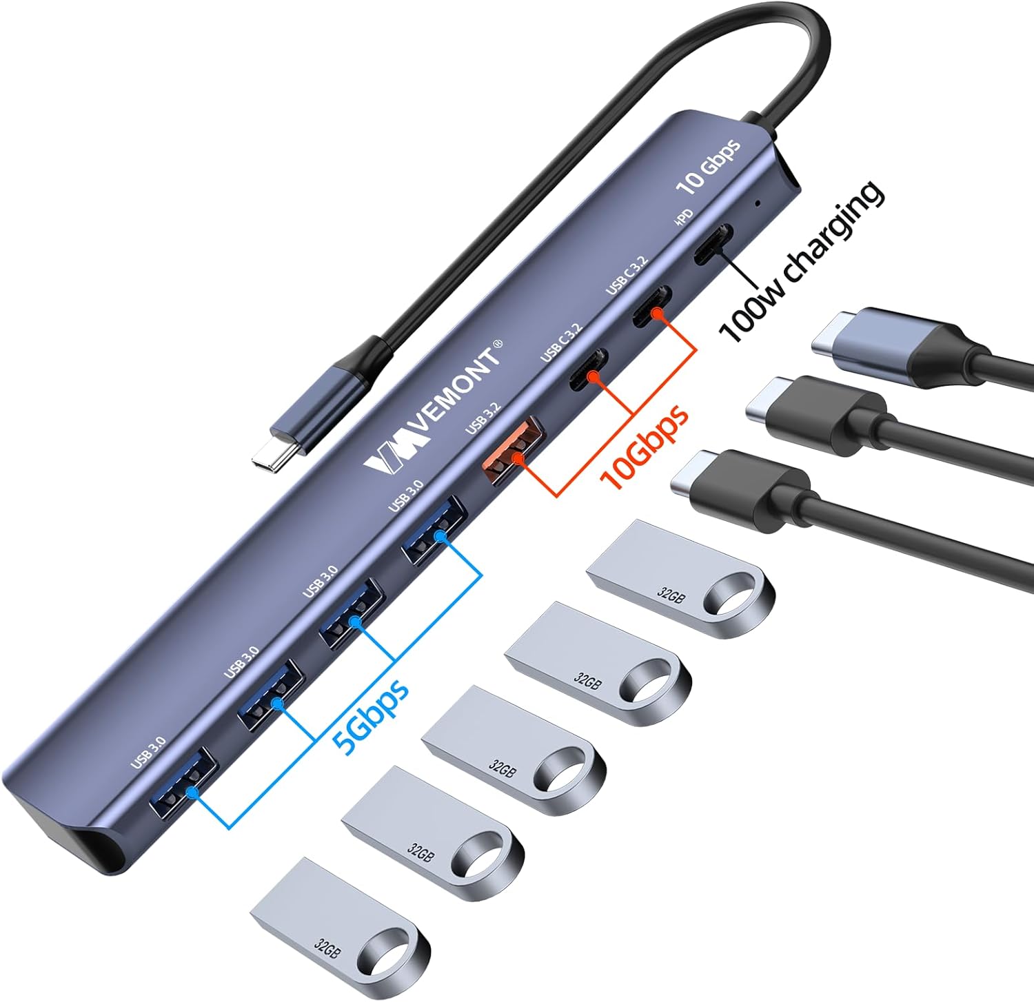 VEMONT 7-in-1 USB C Hub, 10Gbps Aluminum Hub with 2 USB-C 3.2, USB-A 3.2, 4 USB 3.0 Ports, 100W PD Charging, Compatible with MacBook,for iPad, Laptop/Phones and More Device
