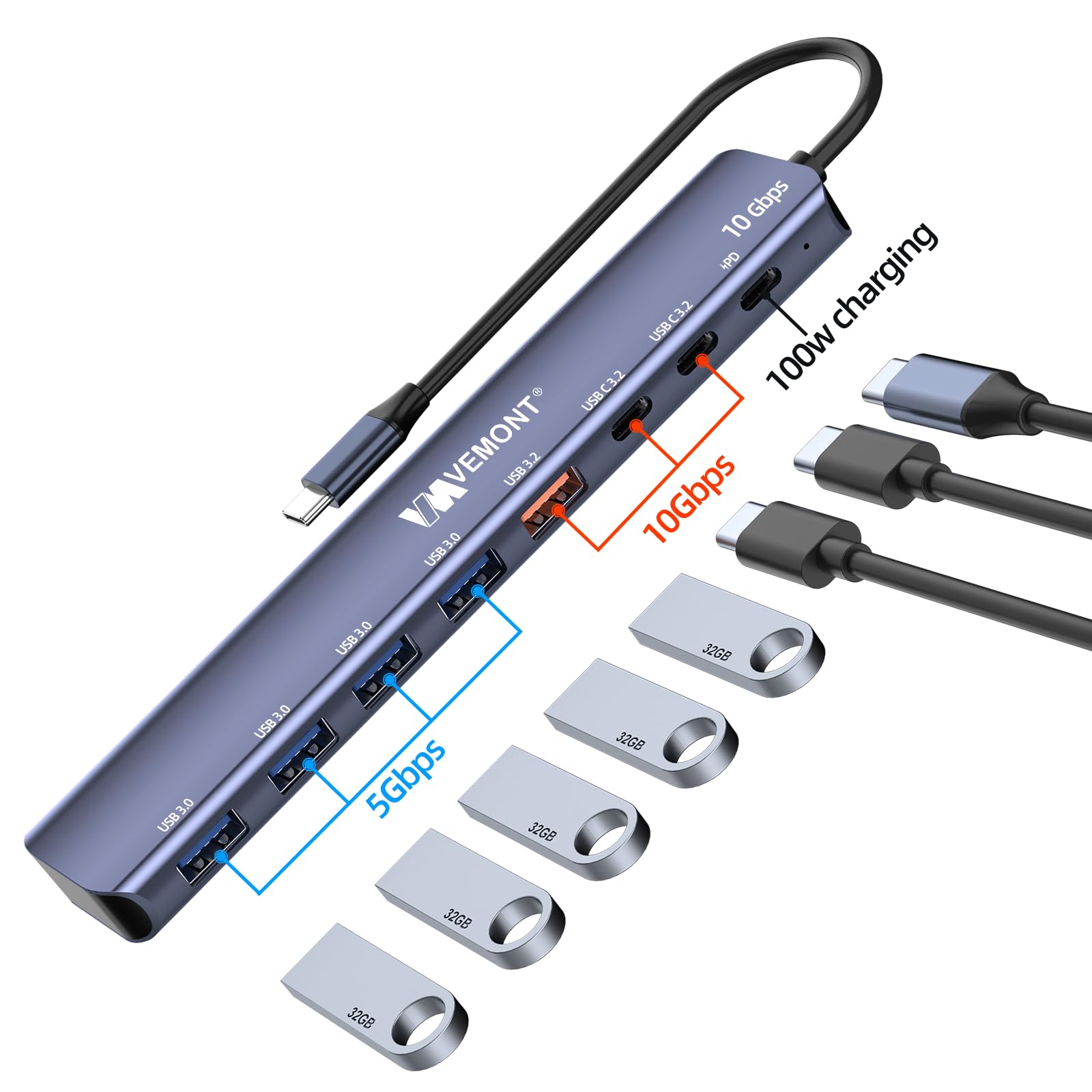 USB C Hub 10Gbps,VEMONT 7 en 1 Aluminio Hub USB 3.1/3.2 con 2 Puertos USB C 3.2 & USBA 3.2 & 4 Puertos USB A 3.0,100w PD Charging,USB C Splitter Compatible con MacBook/iPad/Laptop/Phones y más DIS