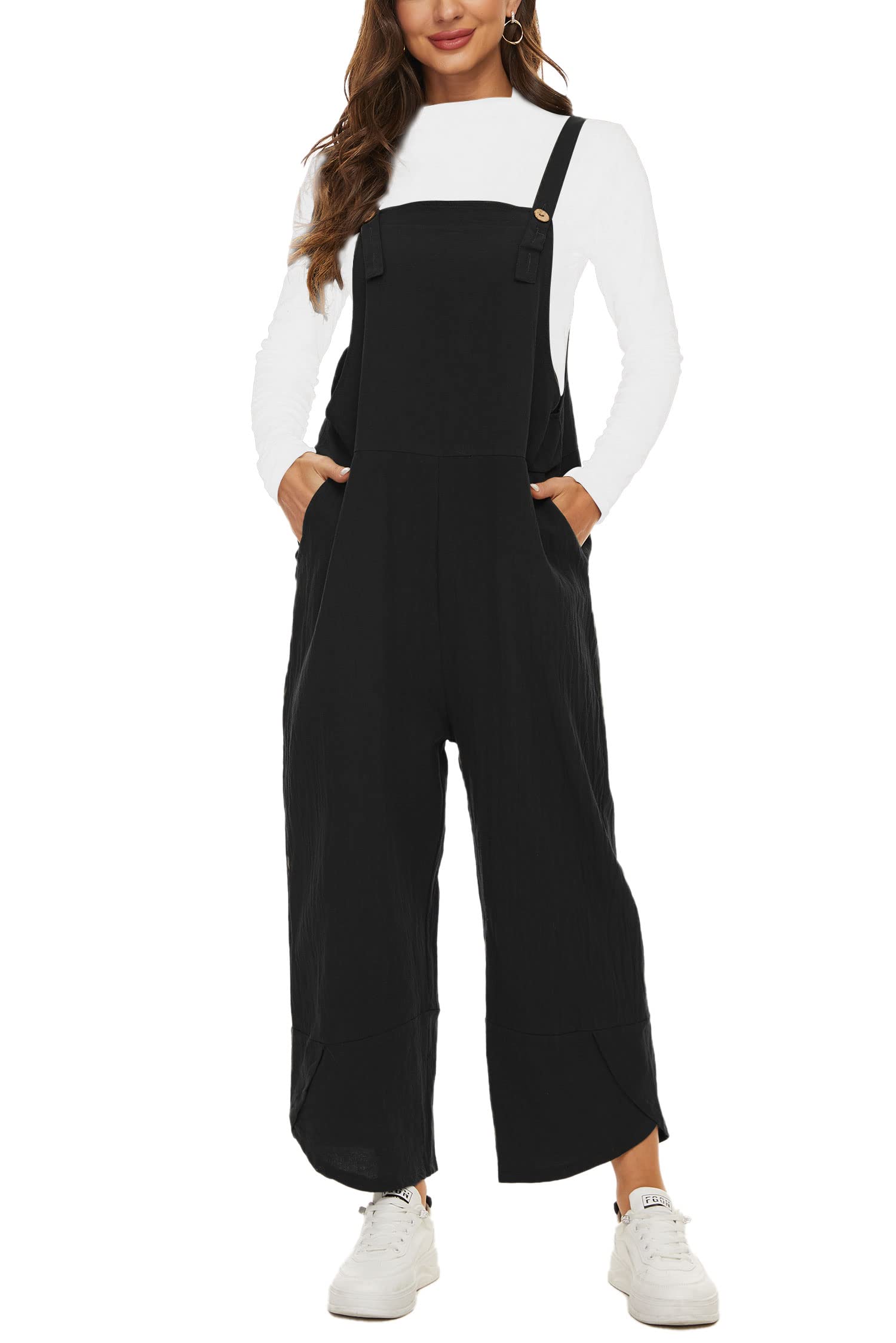 VEVESMUNDO Peto de verano para mujer, holgado, de algodón, largo, elegante, retro, holgado, con piernas anchas, mono, con bolsillos, 34, 36, 38, 40, 42, 44, 46, 48, 50