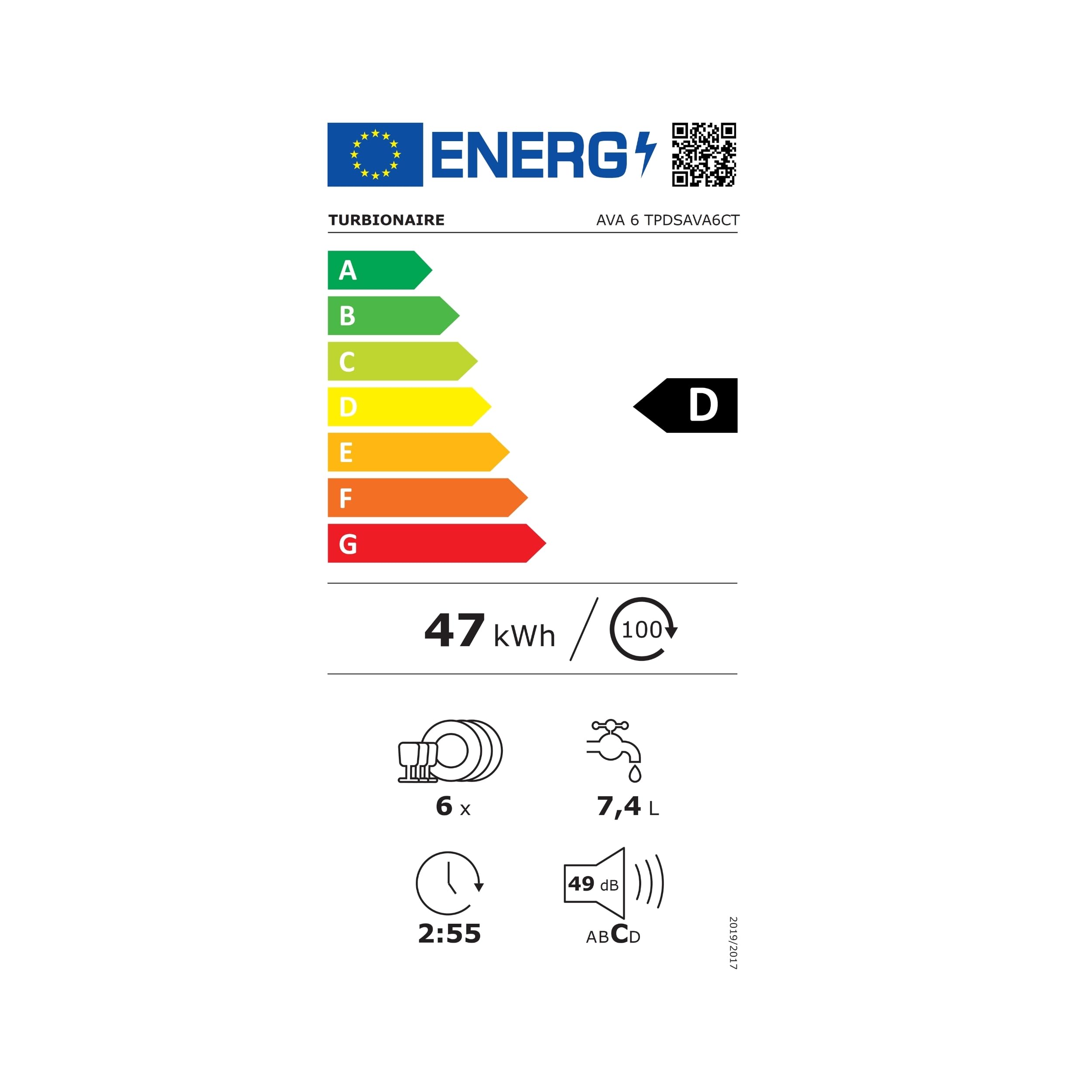 Lave-vaisselle compact Turbionaire AVA 6 TPDSAVA6CT, 6 couverts, 6 programmes, mode Éco, adoucisseur d’eau, lavage 360°, fonction Restart, 55 cm, Blanc
