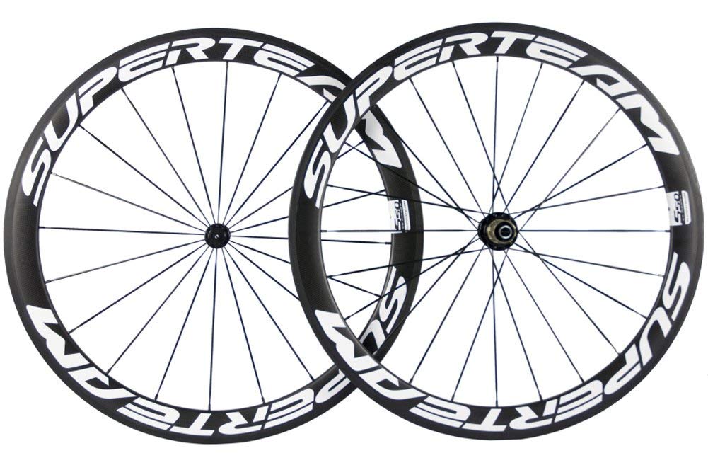 ホワイト／カーボンホイール／タイヤ付き Amazon | SUPERTEAM 700c カーボンホイールセット 50mm ホワイト