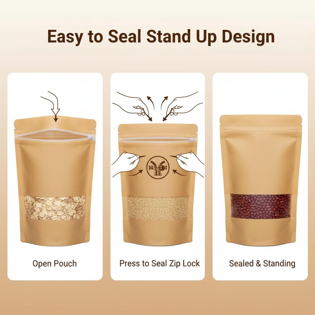 Khaana Packaging Brown Kraft Paper Zip Lock Stand Up Pouches 500 g (9X6") | Pack of 100 | Transparent Rectangle Window | Air Tight Self Sealing | Water Proof & Oil Proof | Reusable Food Storage Bags 4