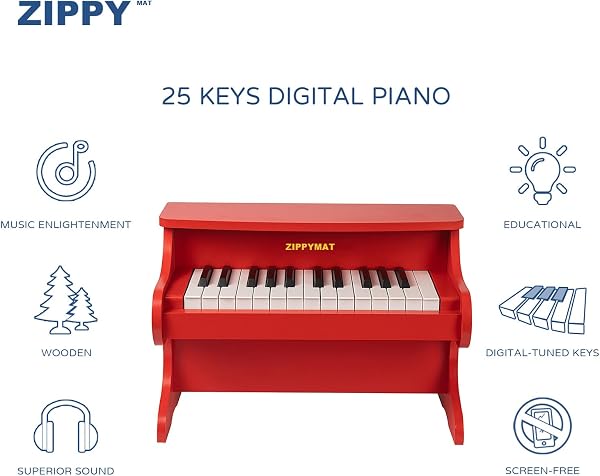 ZIPPY MAT Tastiera per pianoforte per bambini, 25 tasti, pianoforte digitale per bambini, mini strumento di apprendimento musicale, pianoforte in legno per bambini e bambine (Rosso) - 2