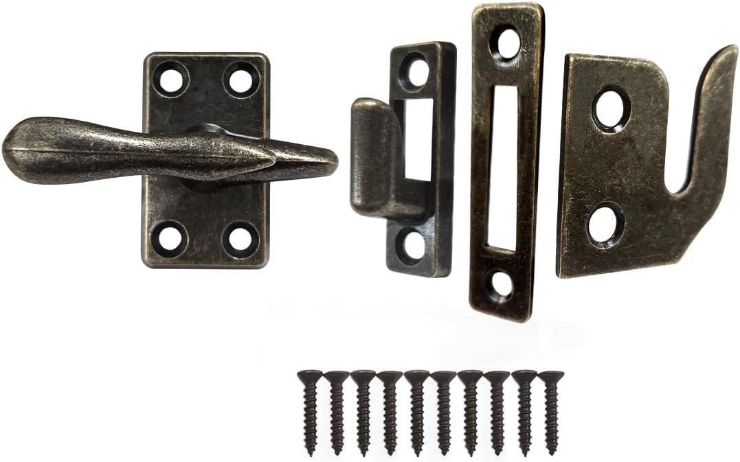 QCAA Diecast and Steel Casement Window Sash Lock, 1-7/8", Brushed Antique Brass, 2 Pack, Made in Taiwan