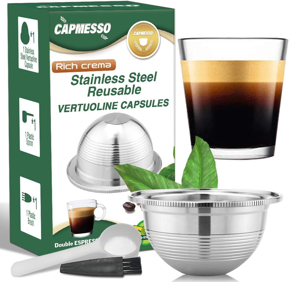 CAPMESSO Stainless Steel Reusable Coffee Capsule: Metal Refillable Coffee Pod Brewing Espresso - Compatible with Nespresso Vertuoline GCA1/ENV135/ENV150/BNV420 (2.4OZ-Double Espresso Cup(Small)