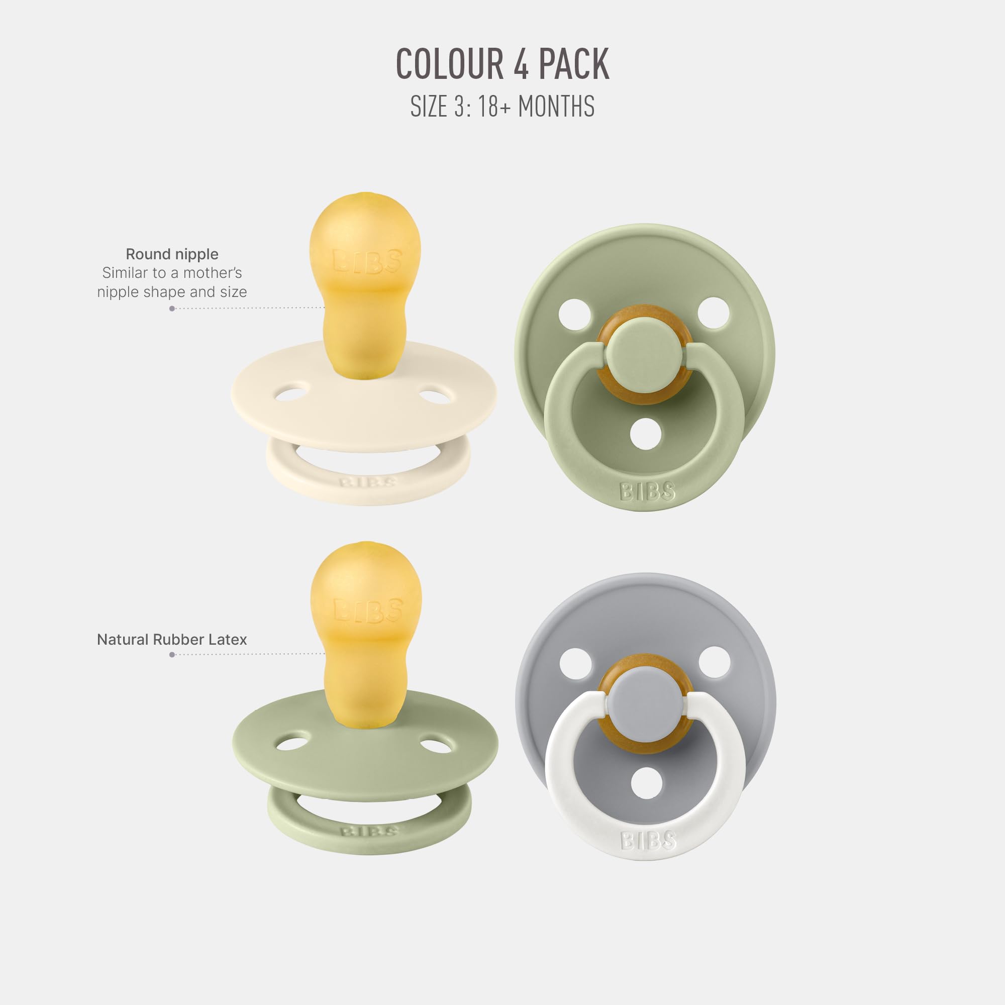 BIBS Colour, Set di 4 ciucci, succhietto senza BPA, Tettarella tonda. Lattice di gomma naturale, Prodotto in Danimarca. 18+ mesi (set da 4), Sage Glow Mix