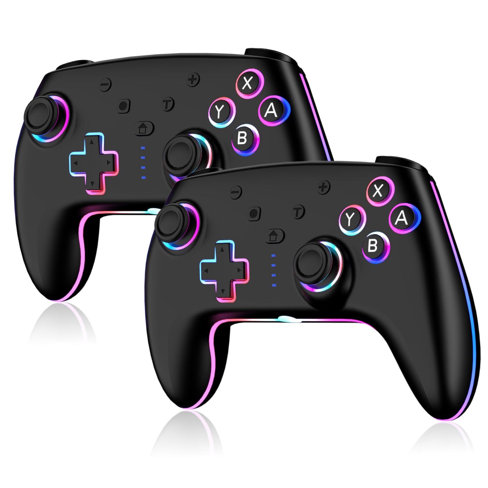 RGB Wireless Controller für Switch/Switch 2/Lite/OLED/PC, 2er Pack Gamepad mit 7-farbiger LED Beleuchtung, 6-Achsen Gyrosensor, Doppelte Vibration & Turbo-Funktion – Ergonomisch Präzise Joysticks - 1
