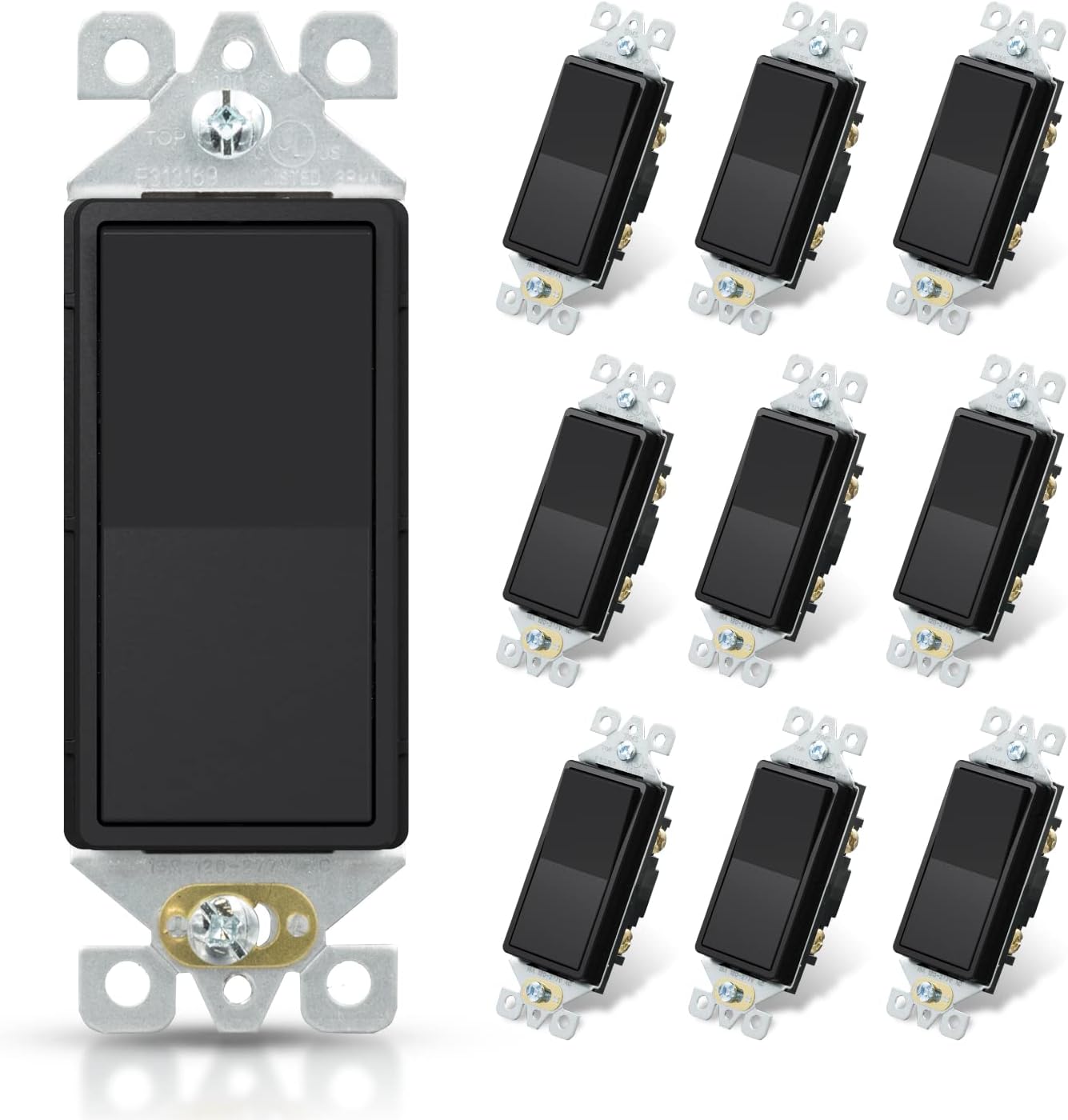 - ELEGRP Matte Black Single Pole Decorator Light Switch, 15Amp, 120-277V, Decorative Paddle Rocker Switch Replacement, On/Off Wall Switch, Self-Grounding, Residential/Commercial Grade, UL/CUL (10 Pack)