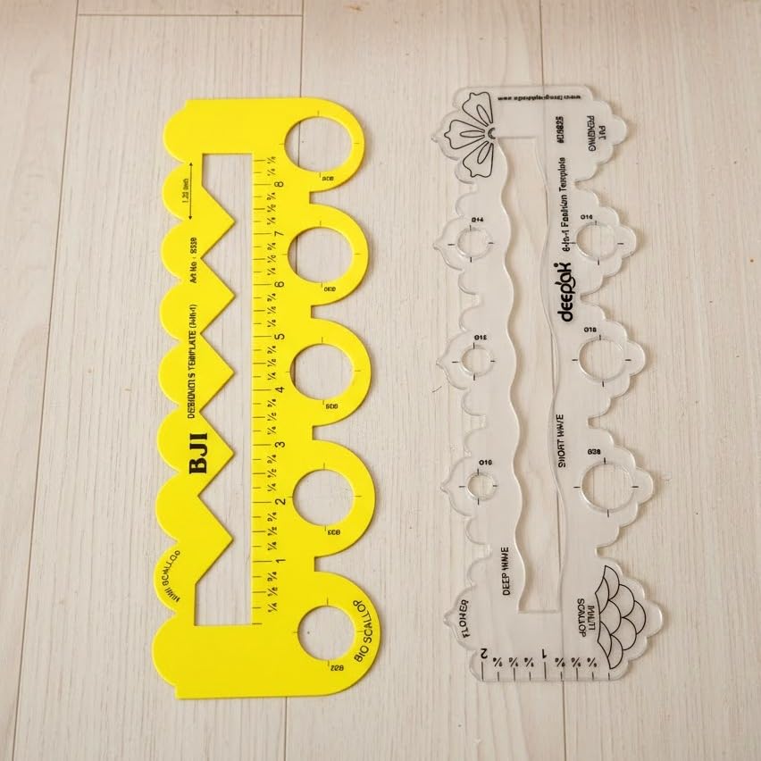 Image of Prabhas Designs Scallop Scale Combos, Design Tool for Scallop, Zig-Zag, Straight, Circles, Flower, Triangle Patterns (Yellow 5in1,6in1 scallop)