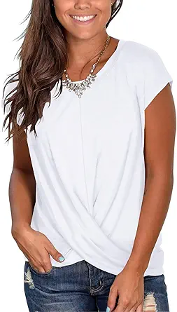 Jescakoo Women's Short Sleeve Round Neck T Shirt Front Twist Tunic Tops Casual Loose Fitted