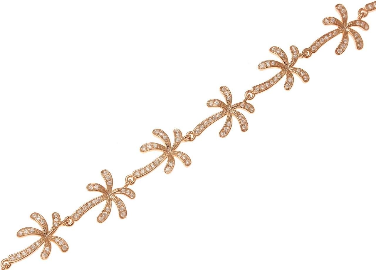 Arthur's Jewelry 925 solid sterling silver pink rose plated Hawaiian palm tree cz link bracelet 7.5"