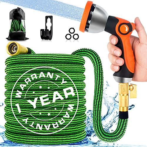 Expandable Garden Hose 30(25+5)ft, Flexible Water Hose with 10 Function Nozzle, 4-Layer Latex Core and 3 4  Solid Brass Connectors, Durable Kink Free Lightweight Retractable Water Hose for Yard