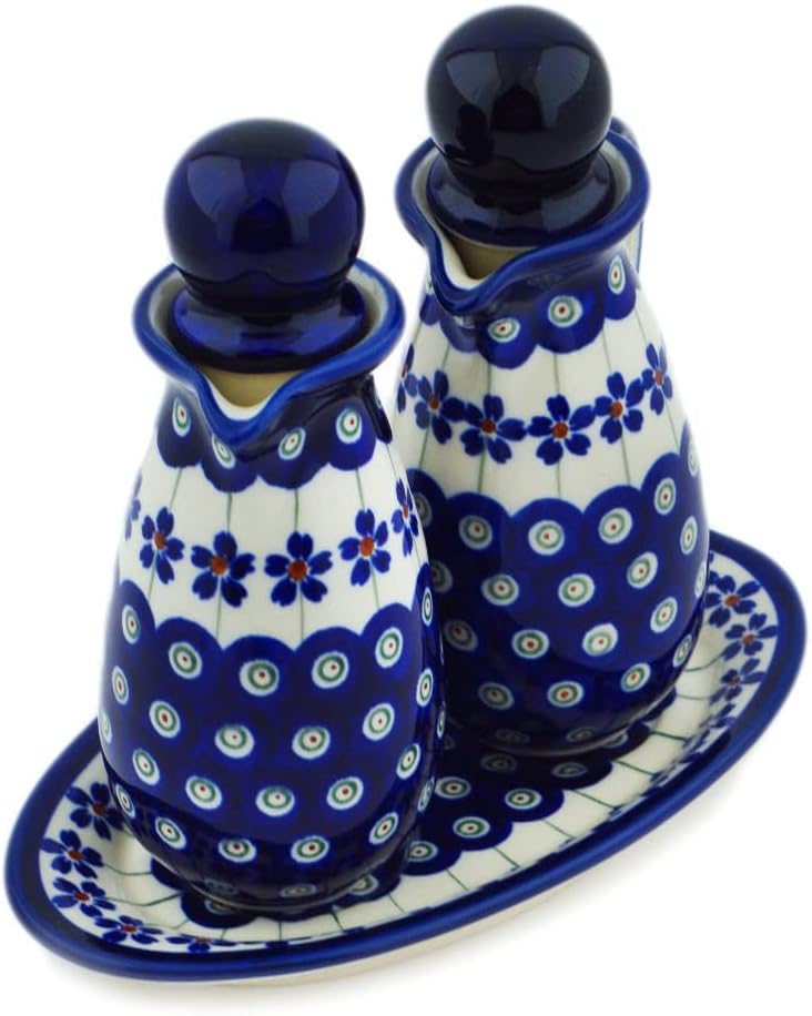 Polmedia Polish Pottery Seasoning Set - Flowering Peacock Pattern Handmade in Boleslawiec Poland + Certificate of Authenticity