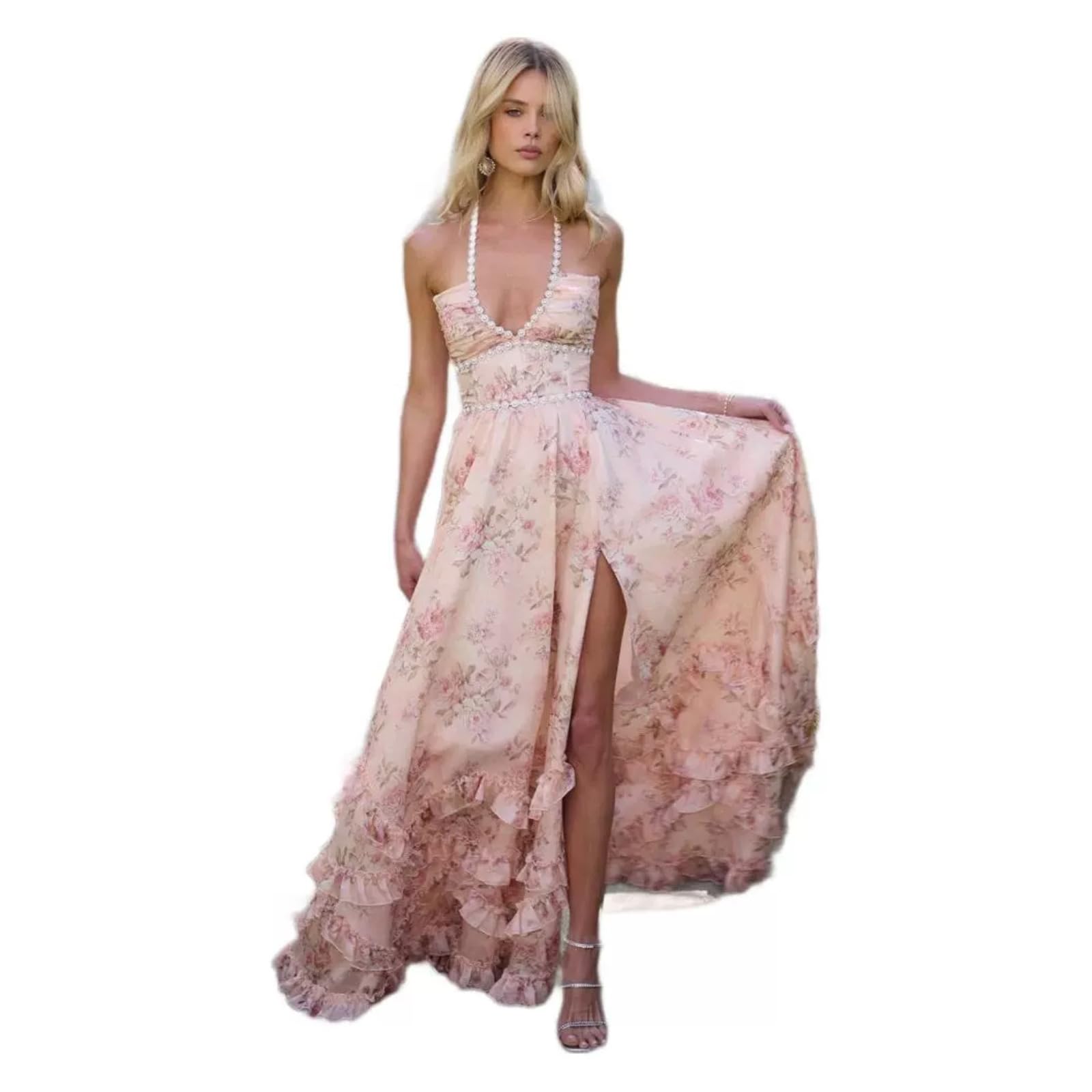 Vestito Donna Slim Fit Spaghetti Cinturina Maxi Abito Che Fluisce A-Linea Stampato Holiday Resort Estate da Spiaggia-pink1-m